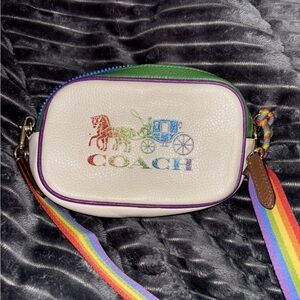 Coach White Leather Crossbody with Rainbow Logo and Strap